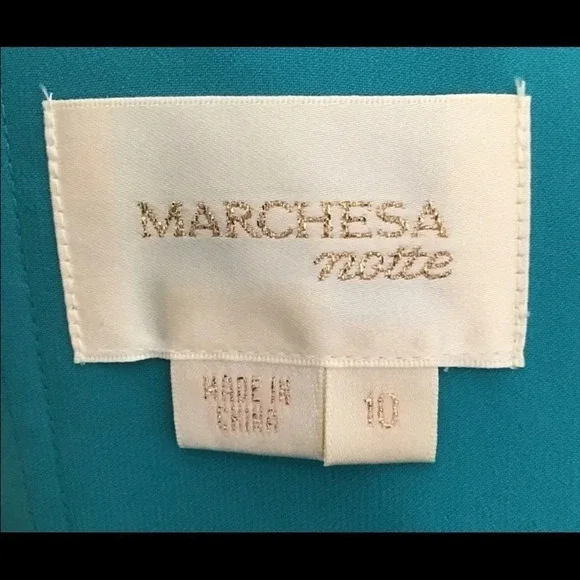 Marchesa Teal Strapless pleated and draped silk Dress with Gold beaded accent. - Picture 7 of 13